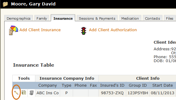 Edit Client Insurance tool