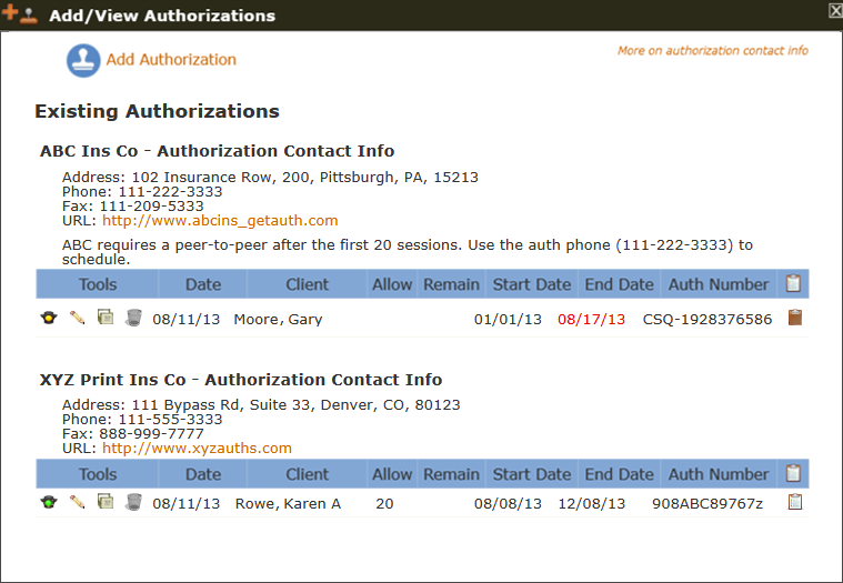 The Add/View Authorizations tool with existing auths