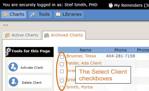 Select client checkbox on archived chart's page