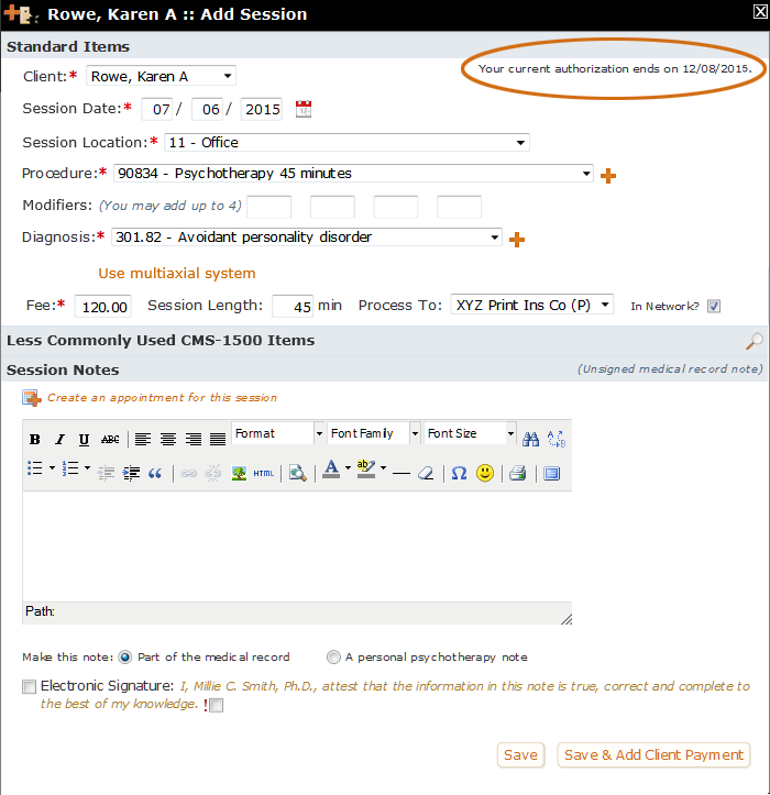 An Authorization message on an Add Session form