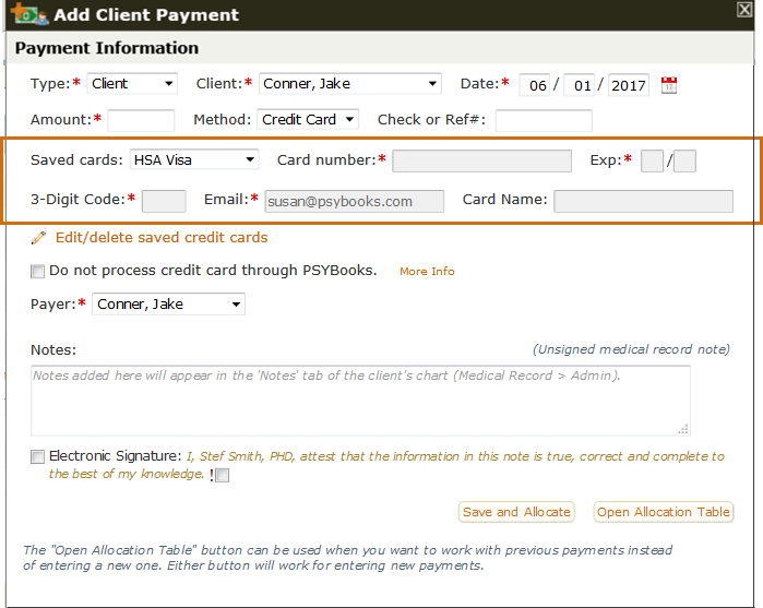 The Add Client Payment form