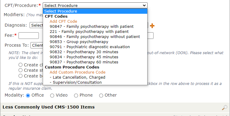 The 'Add New' features in the Procedure select box