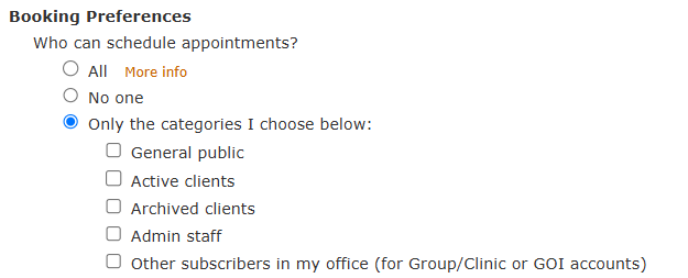 The categories for who can book