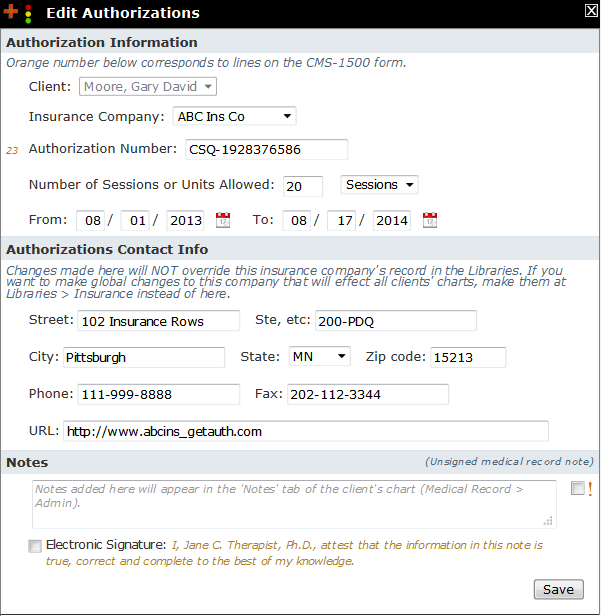 Edit Client Authorization form