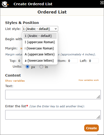 Create Ordered List