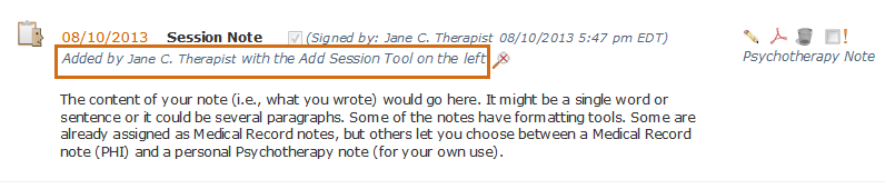 The 'added by' area of an individual client note