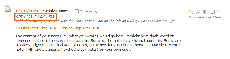 The CPT and Diagnosis area of individual client Session note