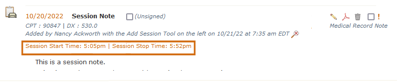 The Start and Stop Times section of an individual client note