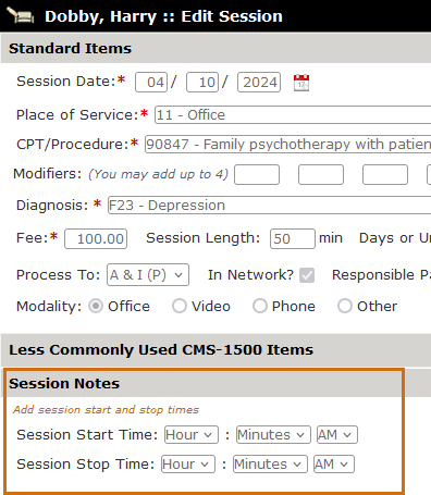 The Start and Stop Times section of the Add Session tool